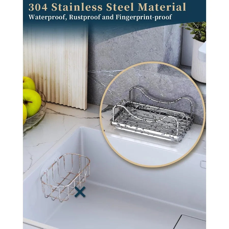 Movable Sink Caddy Organizer – 304 Stainless Steel Sponge Holder for Kitchen Countertop with Detachable Drip Tray