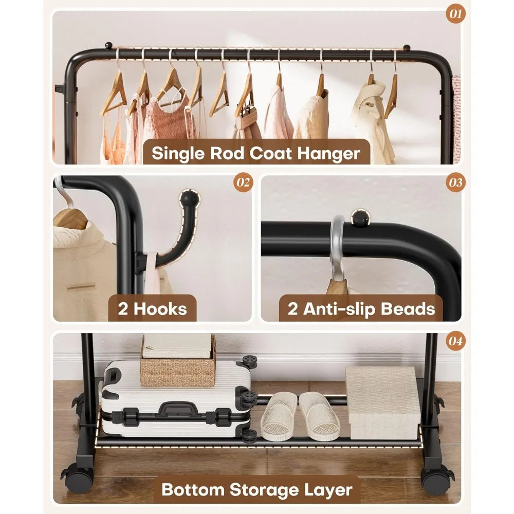 Rolling Clothes Rack with Hooks – Standing Garment Storage Hanging Rod Organizer