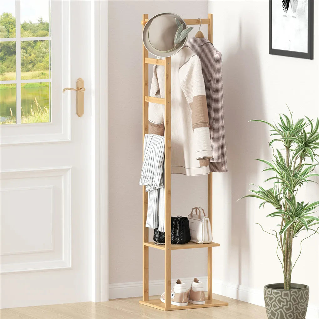 Bamboo Garment Rack with 2-Tier Storage Shelves – Freestanding Wooden Clothes Hanging Rack &amp; Closet Organizer