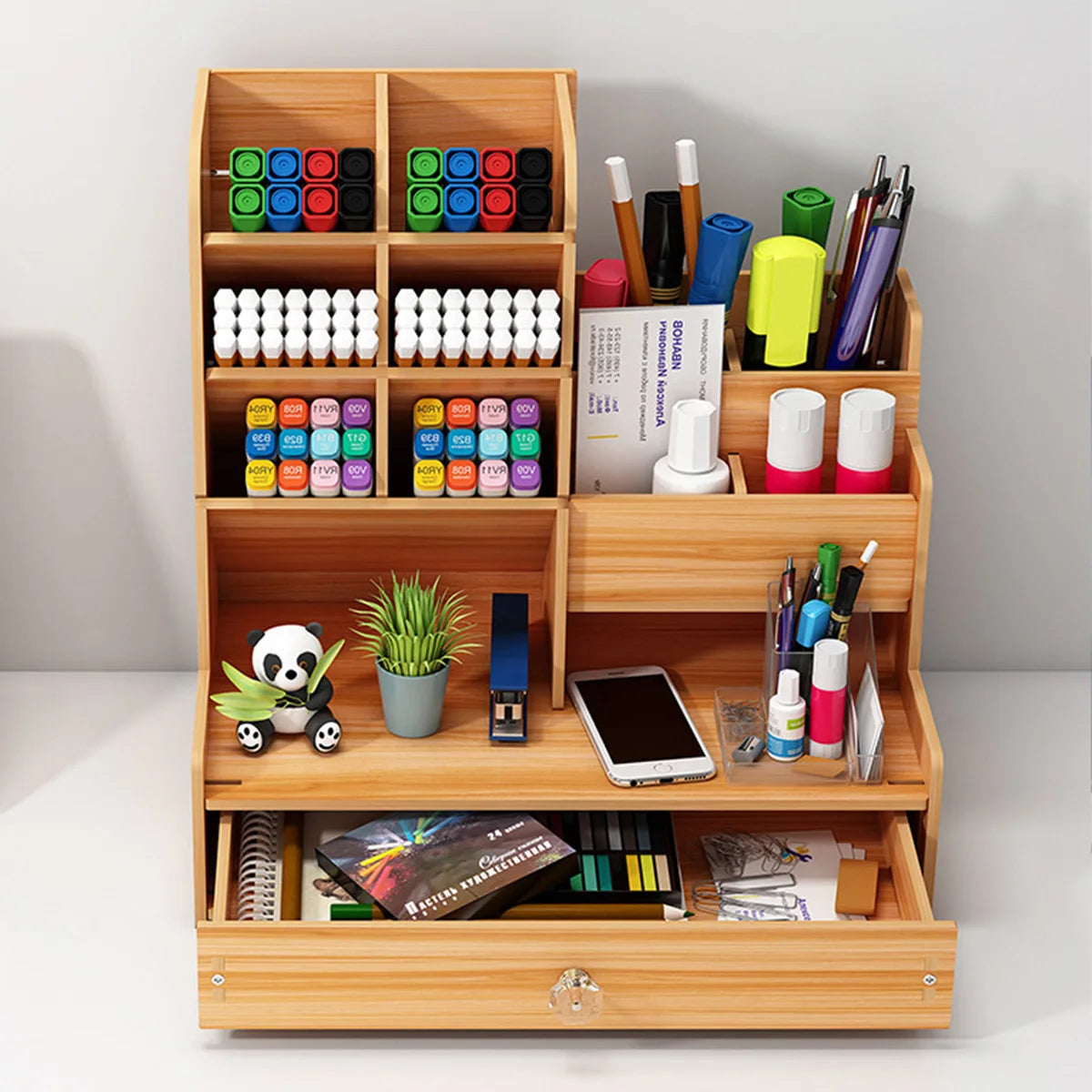 Wooden Desk Organizer with Drawer – Multi-Compartment Pen Holder and Stationery Storage Box for Office, Study Room &amp; Home