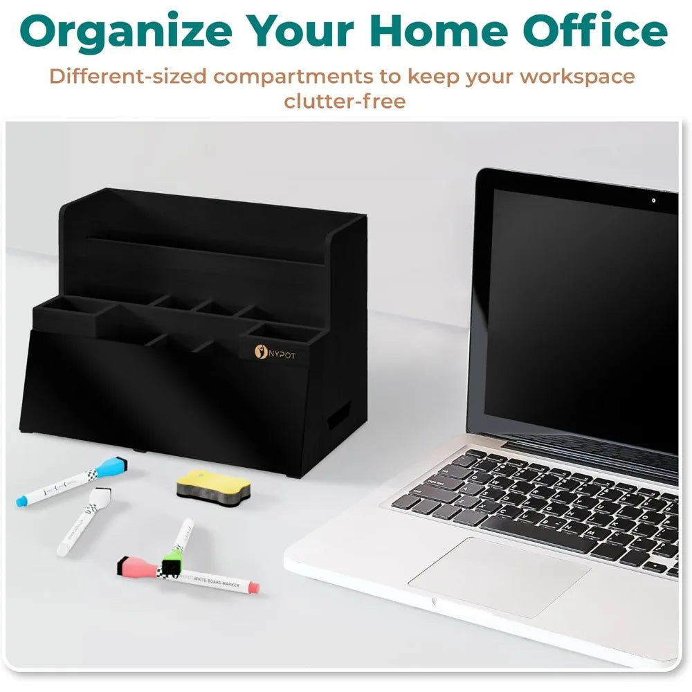 Multifunctional Desk Organizer Wood Desktop Storage with Drawers (Black)