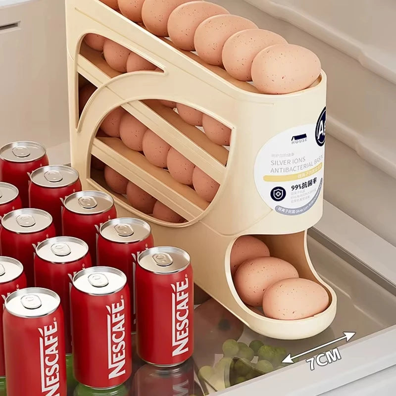 4-Tier Sliding Egg Dispenser – Automatic Rolling, Shatterproof Refrigerator Storage Rack for Space-Saving Kitchen Organization