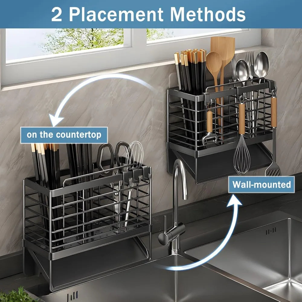 Stainless Steel Utensil Holder with Drain Tray for Kitchen Countertop (Black)