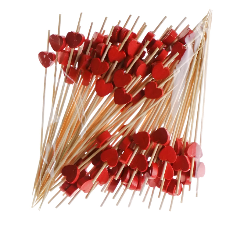 100Pcs Red Heart Fruit Sticks Disposable Bamboo Sticks (Red)