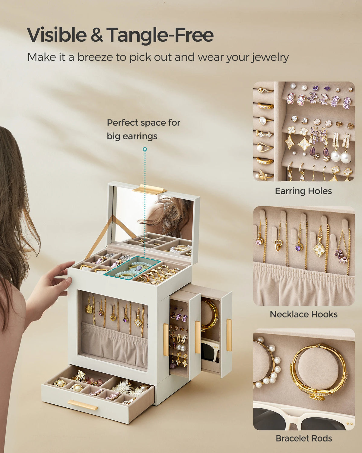 Elegant Jewelry Storage Box 5-Tier Organizer with Clear Glass Top and Drawers (Slate Gray)