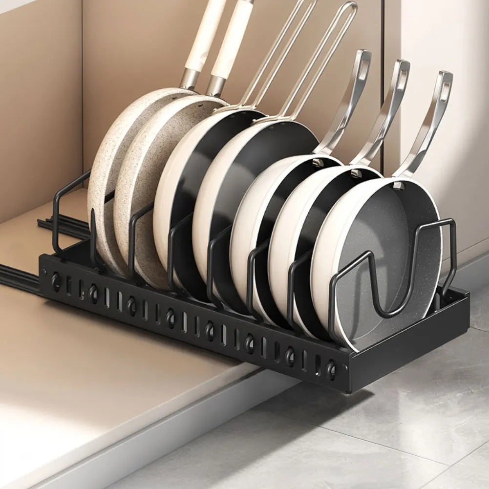 Sliding Kitchen Pots and Pans Organizer with 8 Adjustable Dividers
