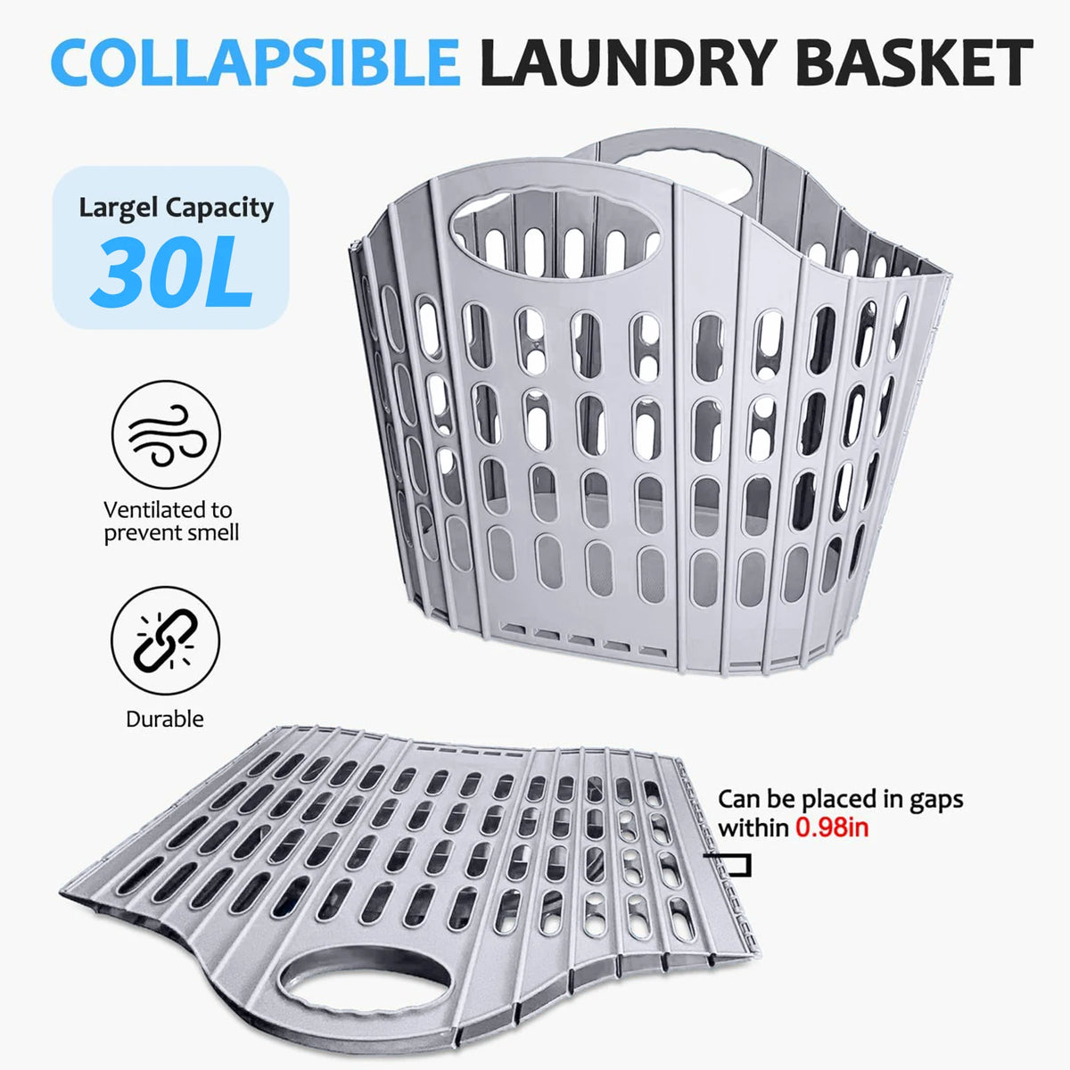 Portable Collapsible Laundry Basket for Space Saving Organizer (Gray)