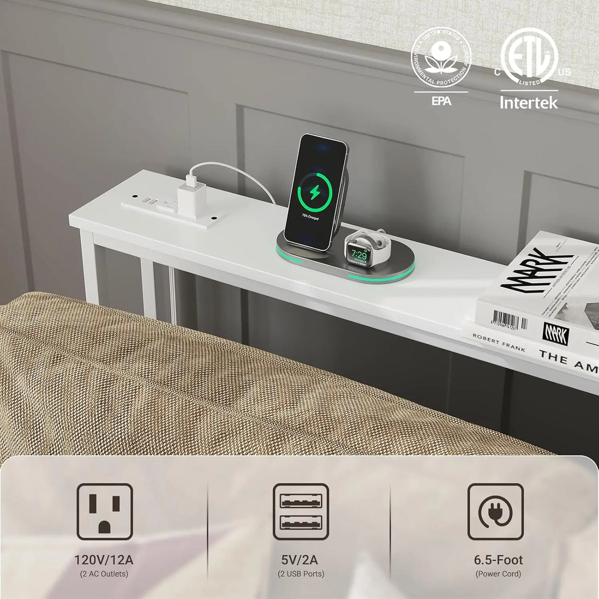 Sofa Console Table with Built-in Charging Station (Black)