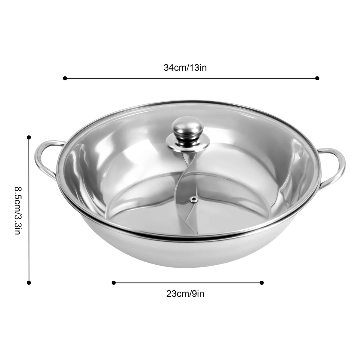 Stainless Steel Shabu-Shabu Hot Pot with Divider Glass Lid