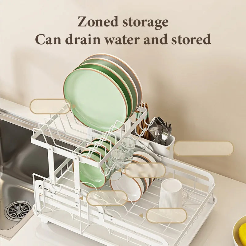 2-Tier Kitchen Dish Drying Rack with Automatic Drainer