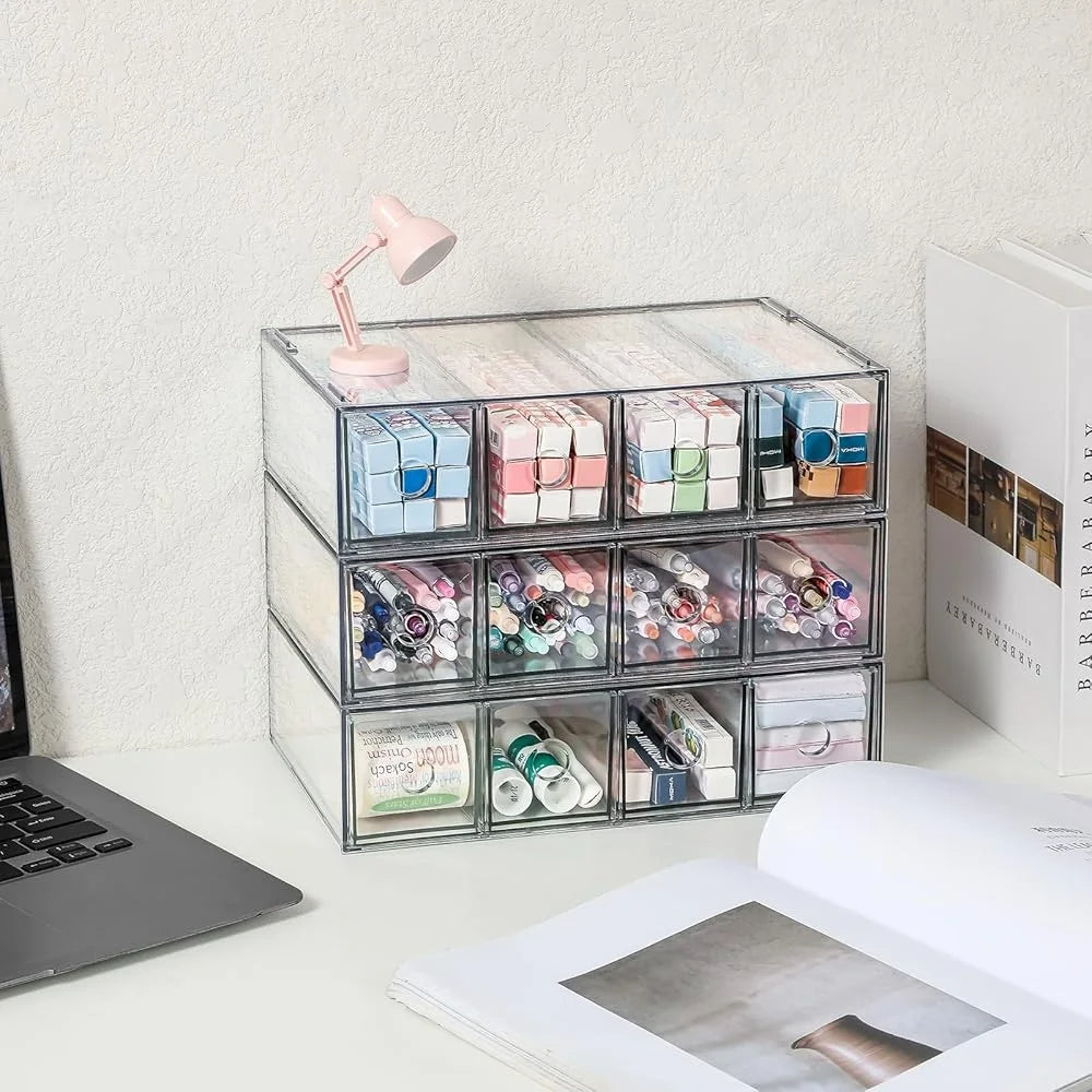Acrylic Desk Organizer Drawers 3-Pack Transparent 4-Compartment Storage