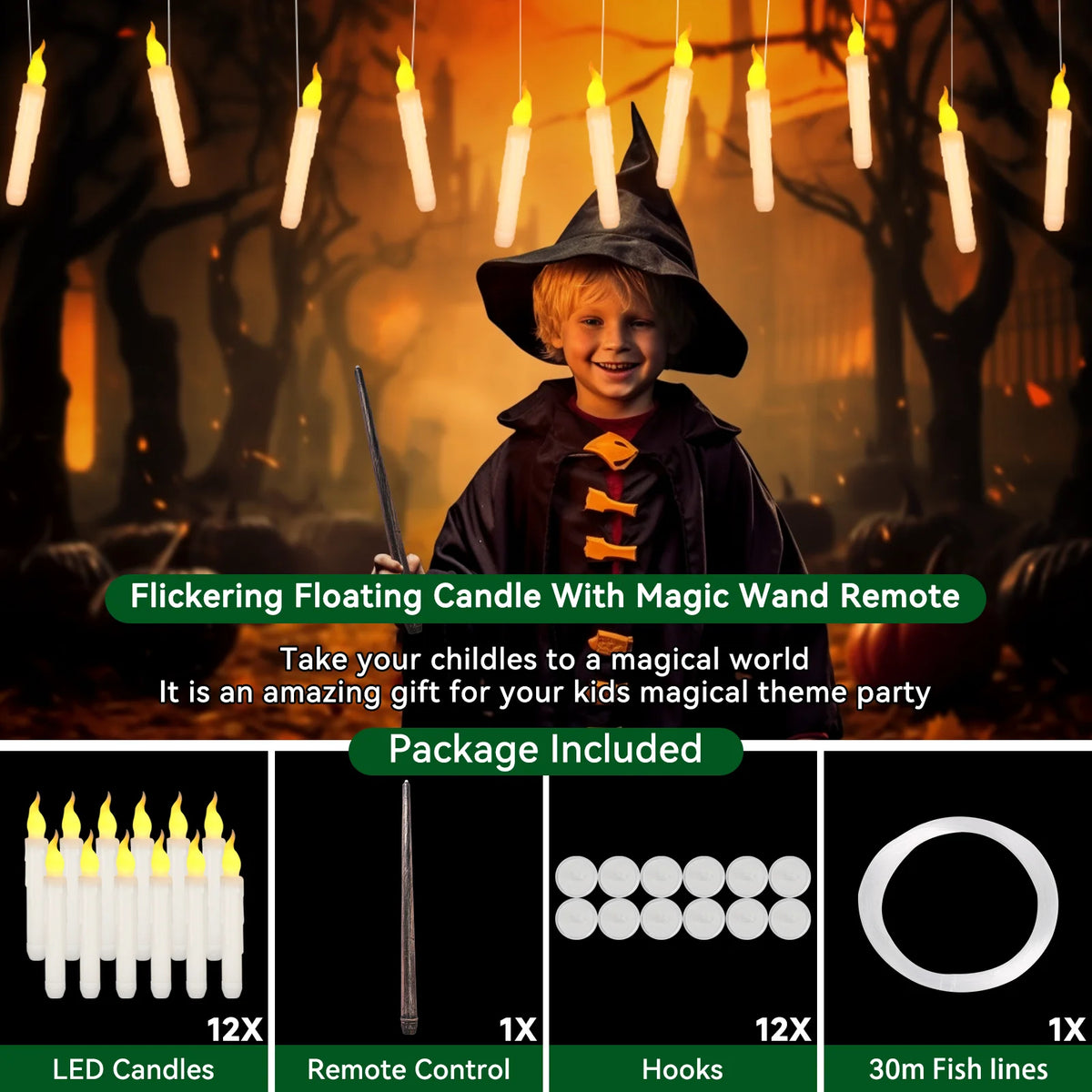 Halloween Floating LED Candles with Magic Wand – Flickering Flameless Taper Lights for Party &amp; Home Decor