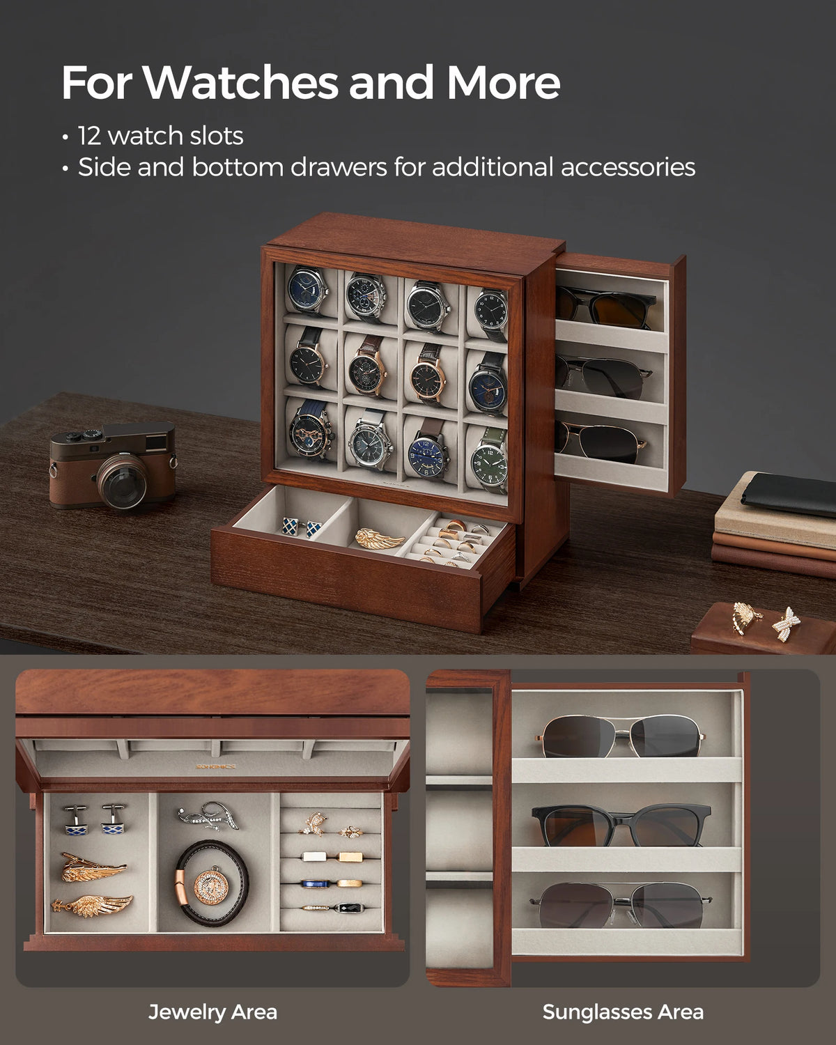 Luxury Wooden Watch Display Cabinet 12 Slot Organize (Brown)