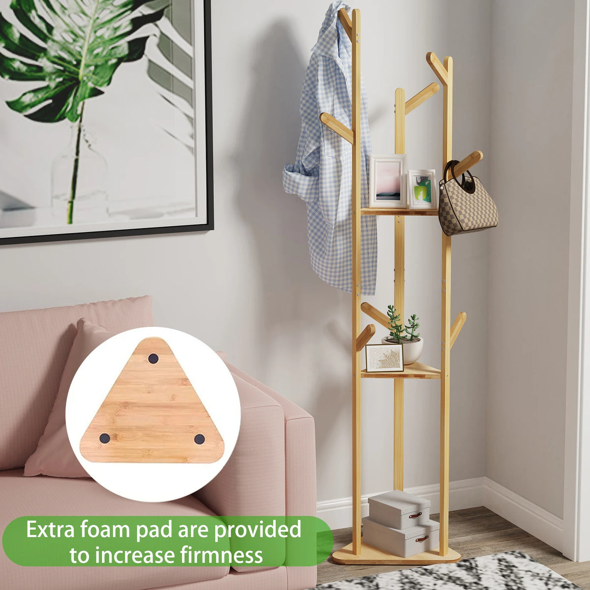 Bamboo Corner Coat Rack Stand with Hooks Shelves