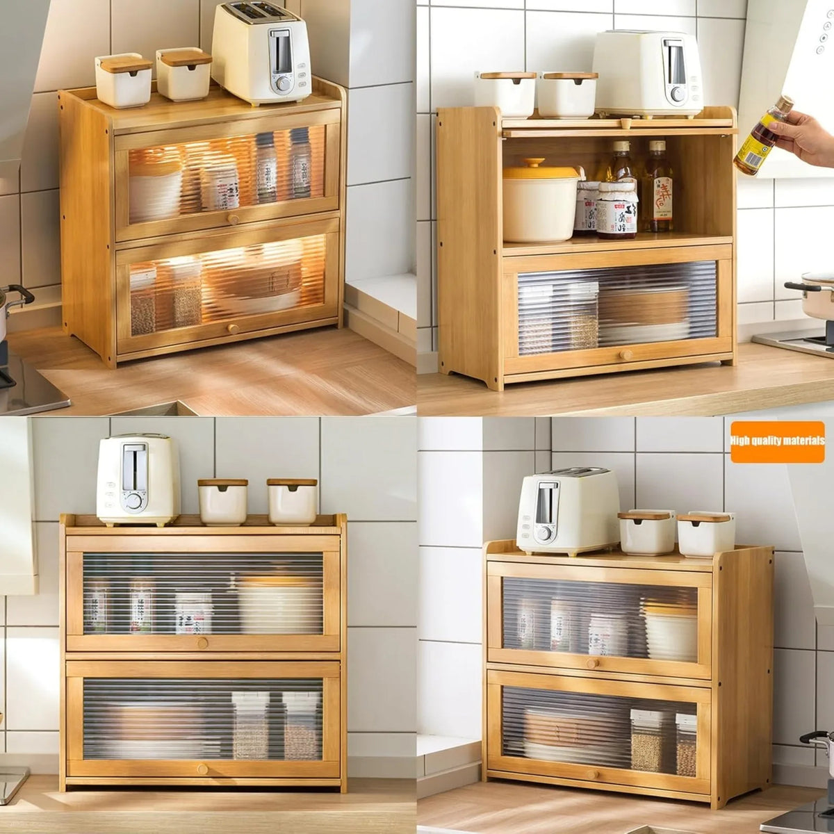 2-Tier Bamboo Kitchen Storage Cabinet – Versatile Countertop Organizer with Clear Acrylic Sliding Doors