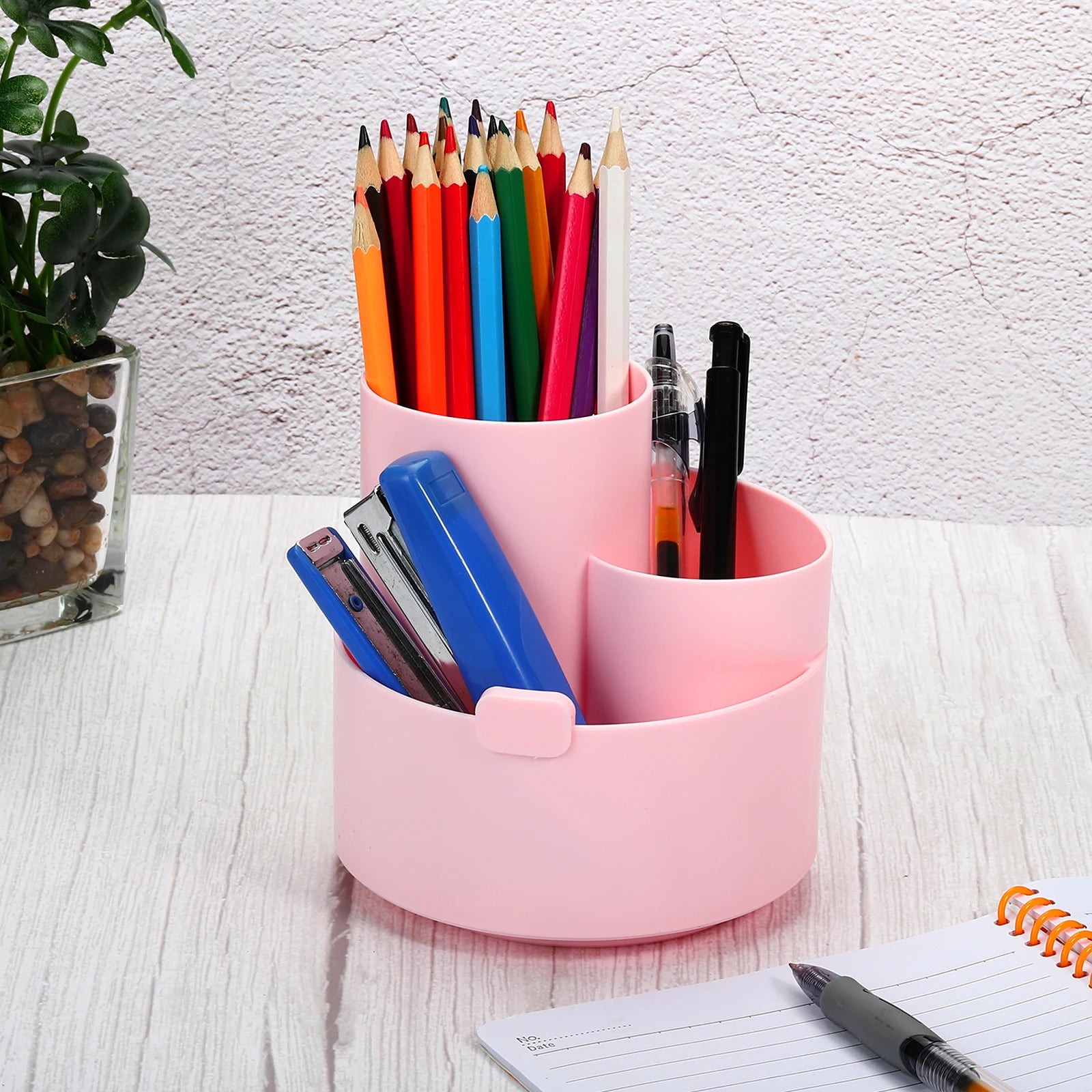 Multifunctional Pink Pen Holder with 3 Grids
