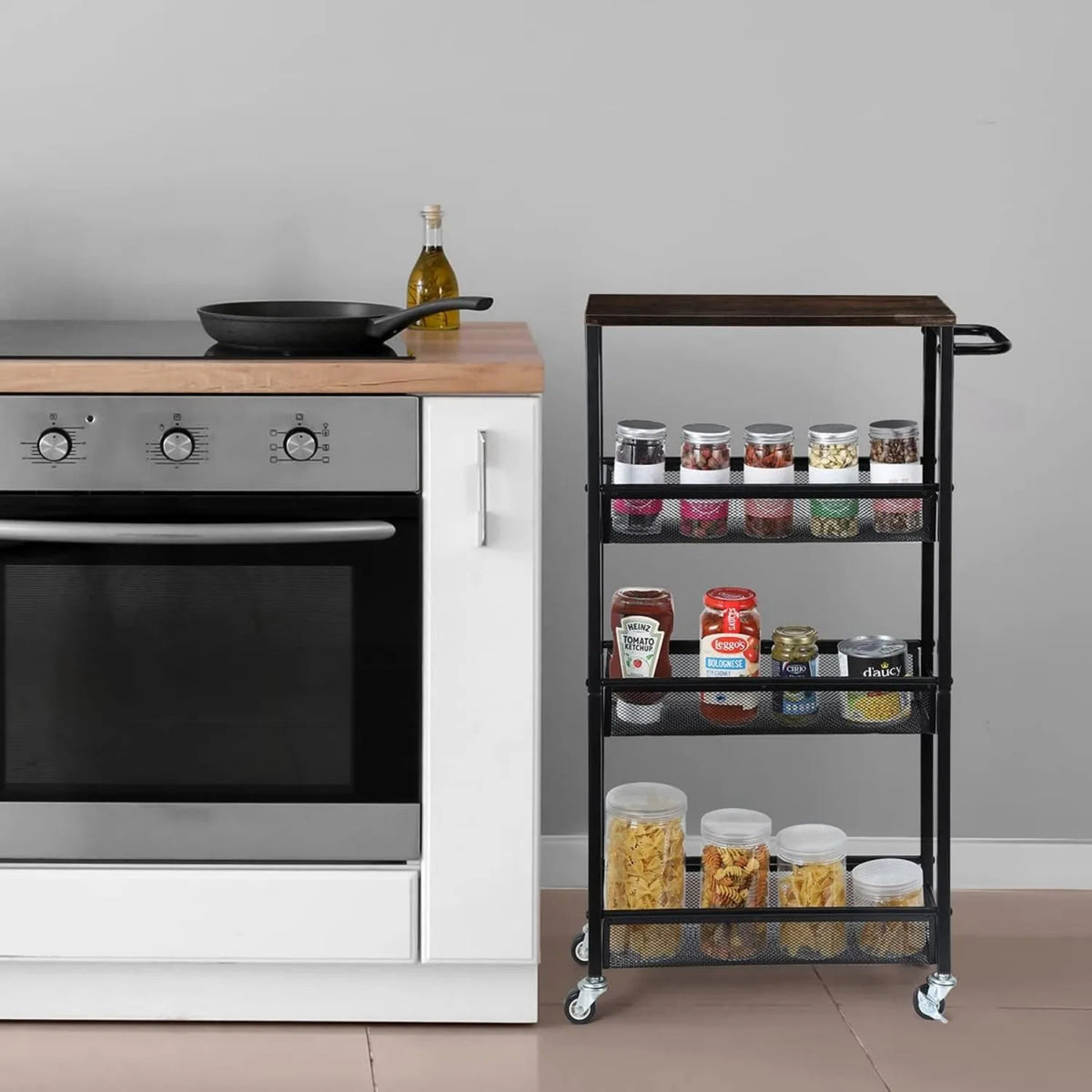 4-Tier Slim Rolling Cart with Wooden Top Metal Handle Space-Saving Storage Organizer for Small Kitchens