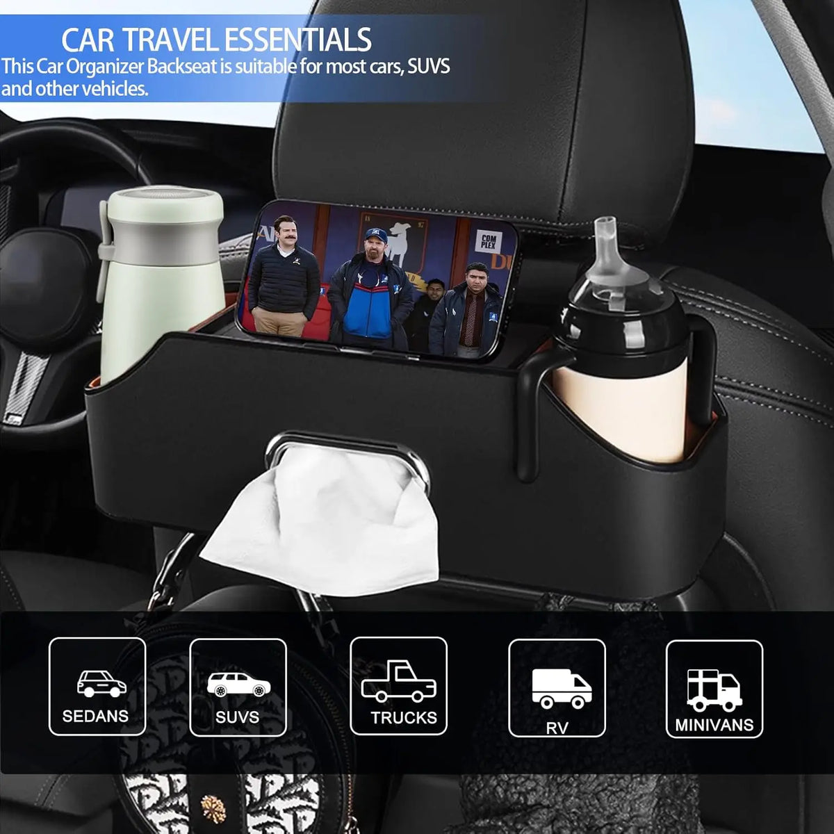 Multifunctional Car Back Seat Organizer for Travel Storage with Cup Holders