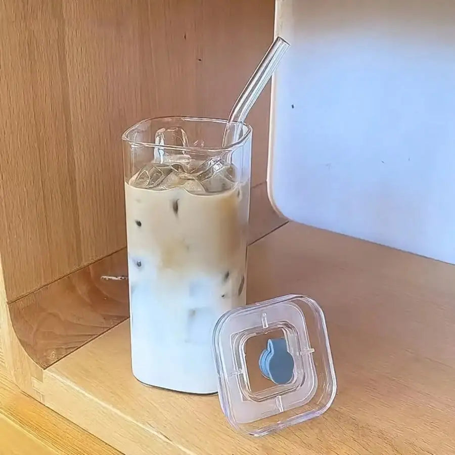 Square Glass Cups with Lids and Straws 6-Pack 13 oz – Reusable Iced Coffee Tumblers with Cleaning Brush for Smoothies, Boba Tea, Home, Office &amp; Travel