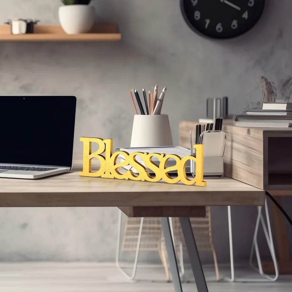 Blessed Rustic Wooden Table Sign Gold for Home Decor