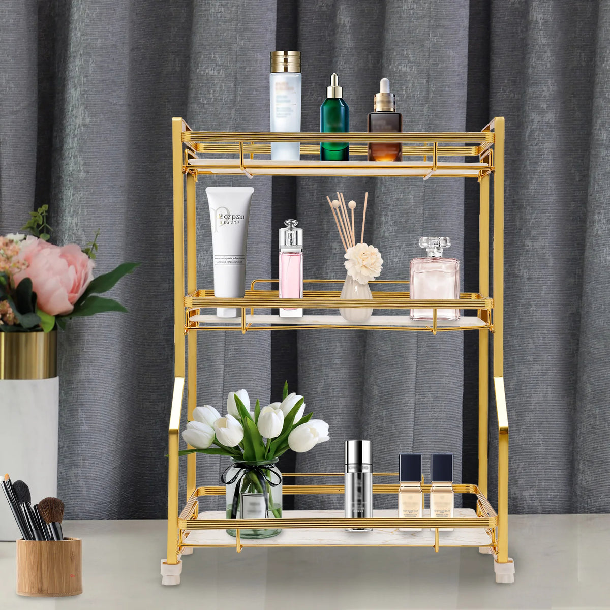 Gold Bathroom Countertop Organizer 3-Tier with Storage Basket