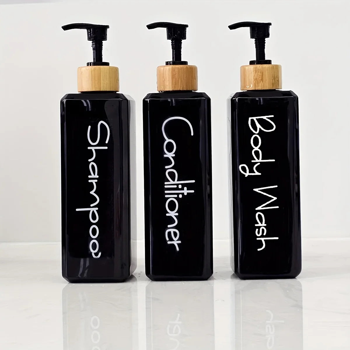 Bathroom Organization Set of 3 Refillable Pump Press Bottles (Black)