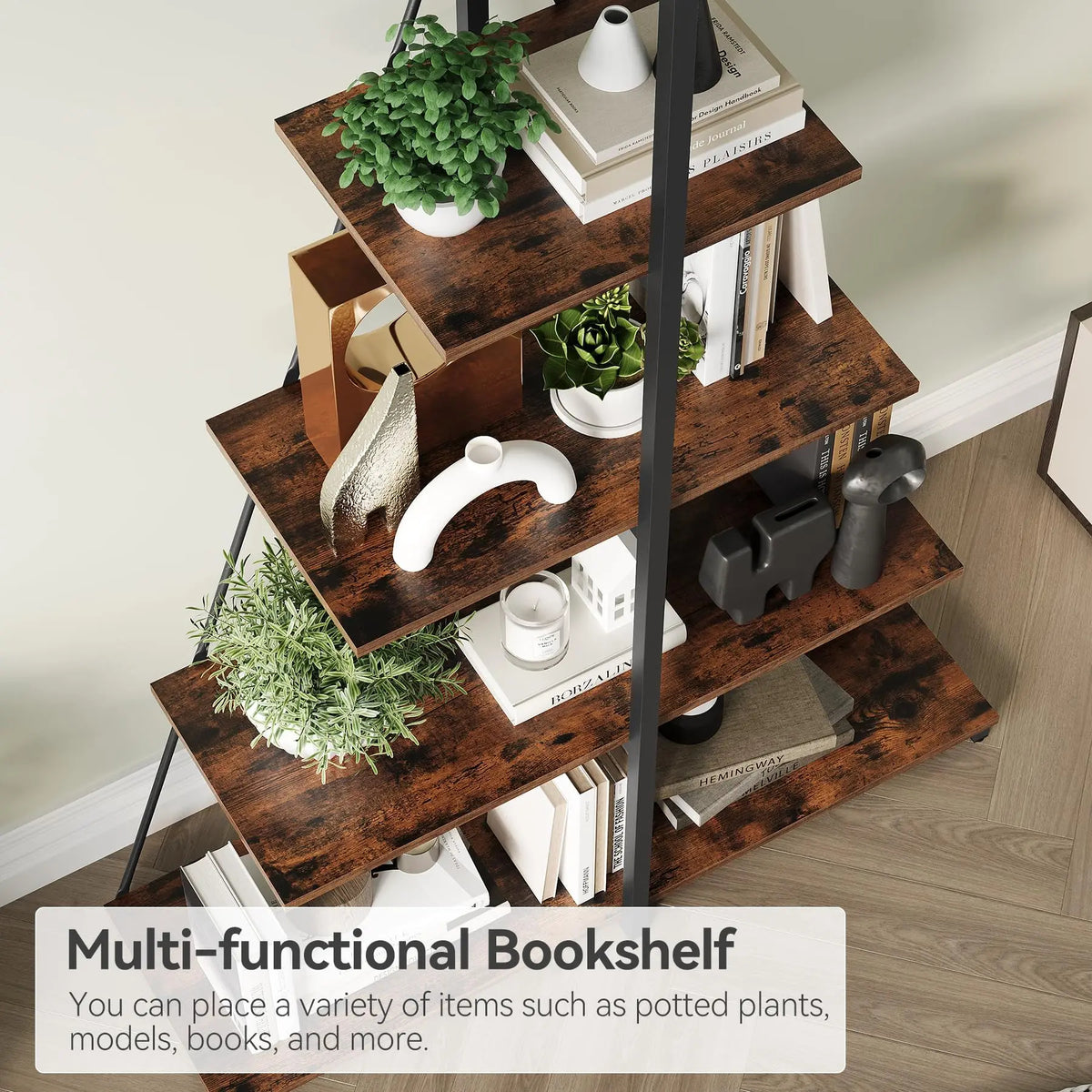 Narrow Wooden Bookcase 4-Tier for Living Room Bedroom (Brown)