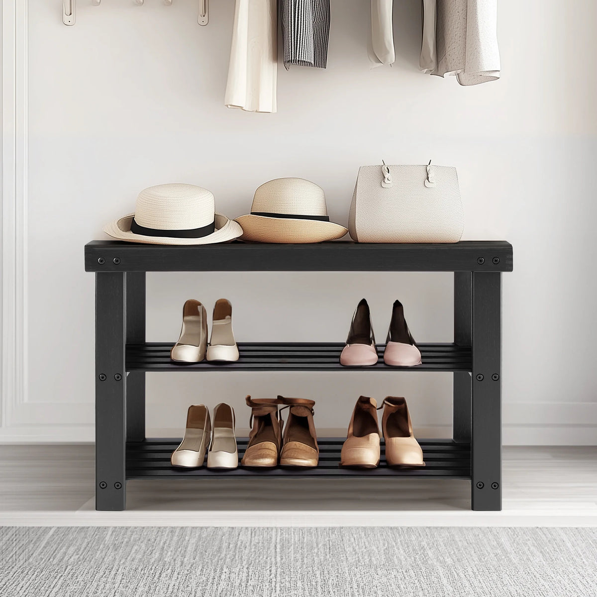 3-Tier Bamboo Shoe Rack Bench 286lb Compact Storage Organizer (Black)