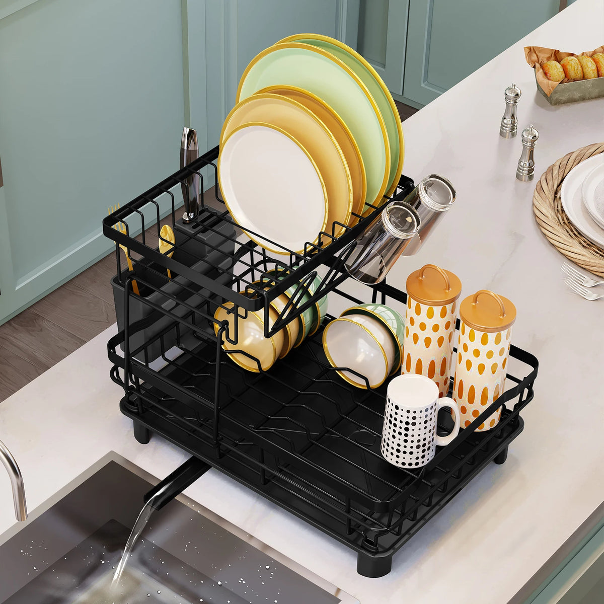 2-Tier Stainless Steel Dish Drying Rack (Black)
