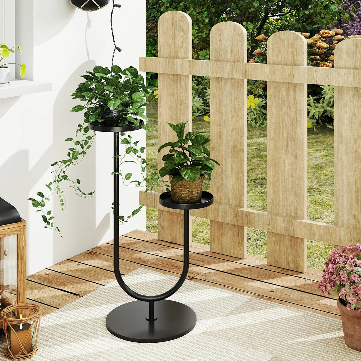 Modern Metal Plant Stand Indoor U-Shaped Black Planter Holder for 2 Pots