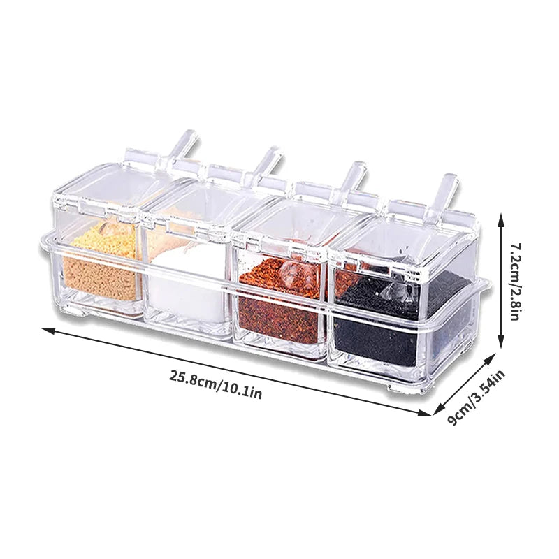 Premium 4-Grid Acrylic Seasoning Box Organizer Clear Countertop Condiment Container