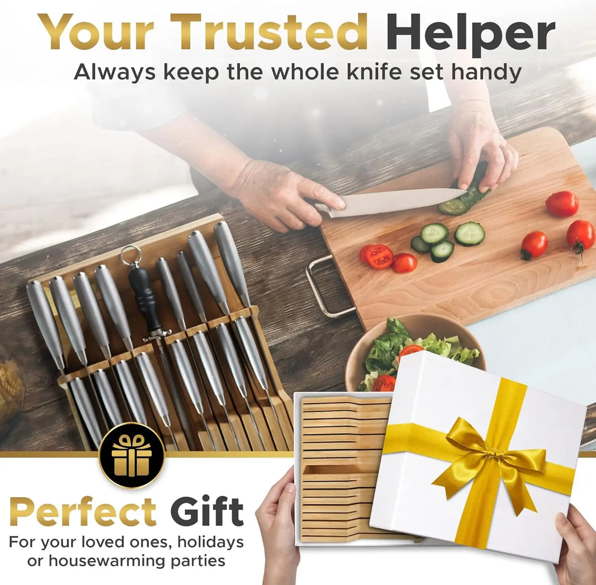 Bamboo In-Drawer Knife Organizer with Sharpener Slot