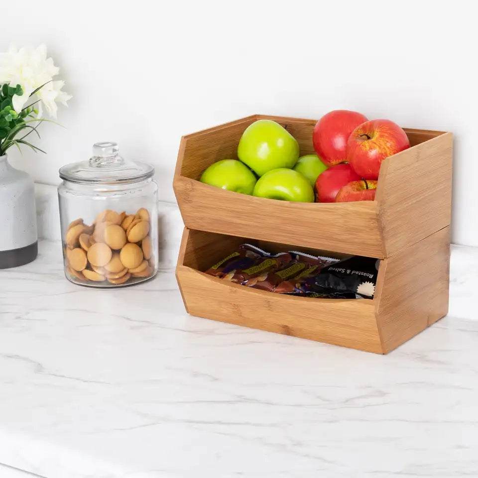 Bamboo Wood Storage Bins 2 Pack Stackable Organizer Boxes
