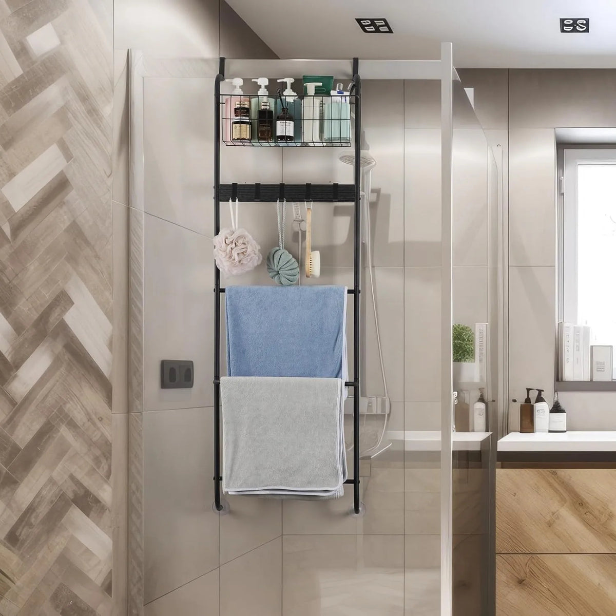 5-Tier Over Door Metal Towel Rack Heavy Duty Bathroom/Bedroom Organizer (Black)