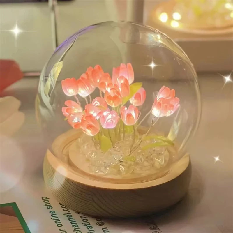 DIY Tulip Night Light Mirror – Handmade Eternal Flower Bedside Lamp (Pink)