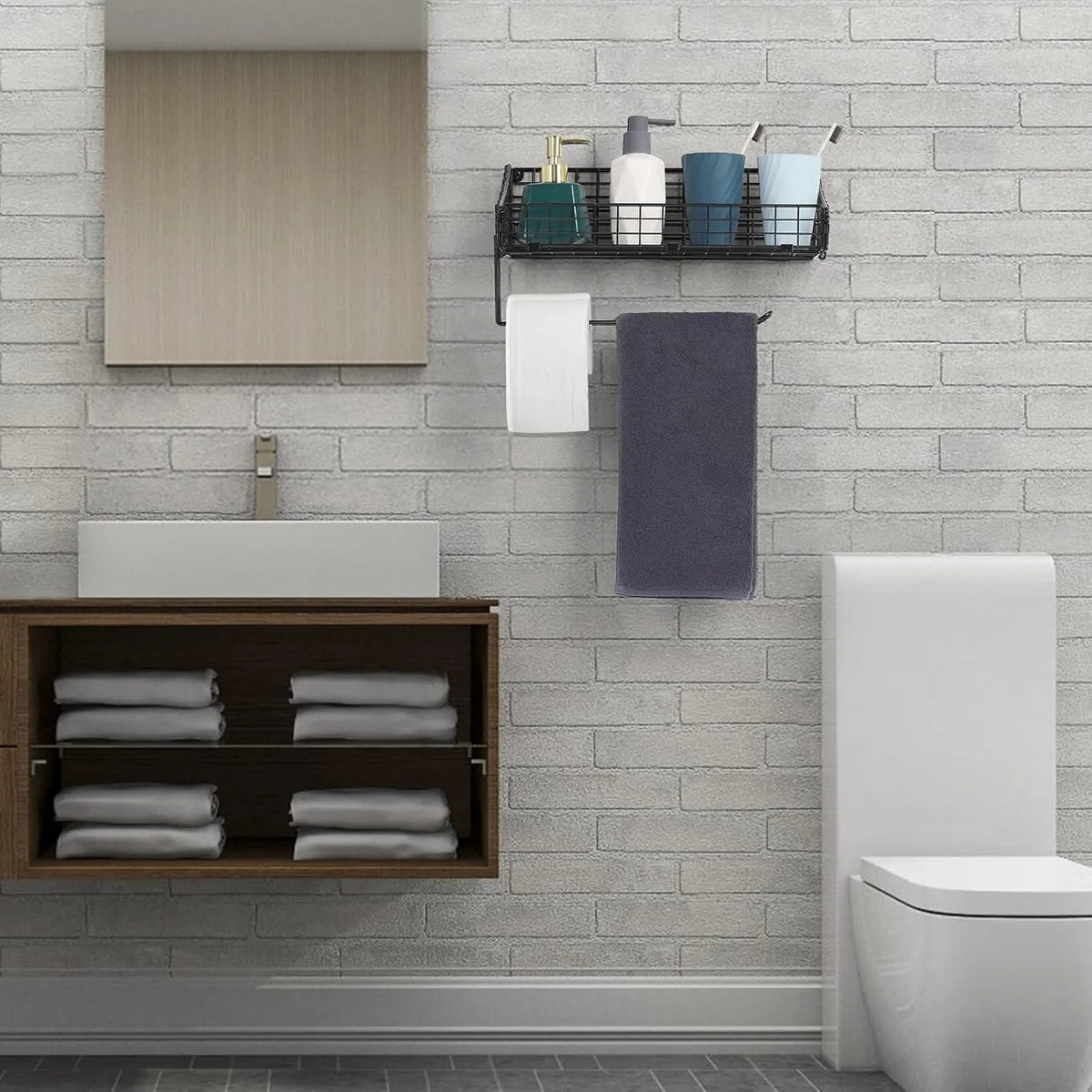 Metal Kitchen Bathroom Wall Organizer with Paper Towel Holder (Black)