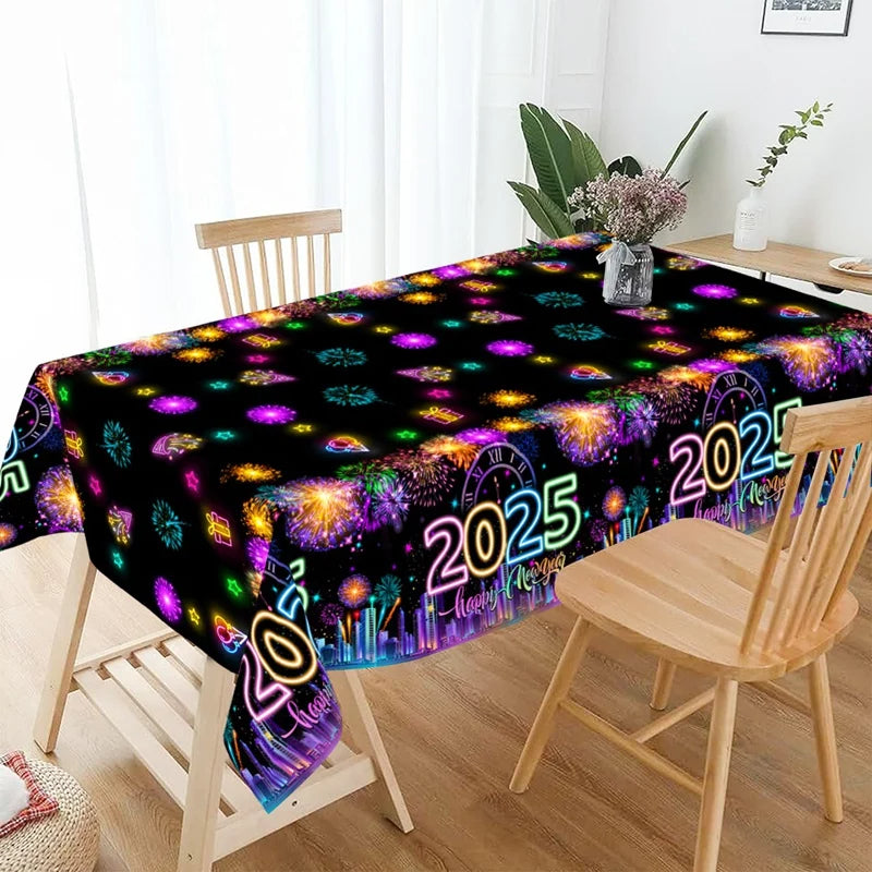 Happy New Year 2025 Disposable Plastic Tablecloth for New Year Party Decorations