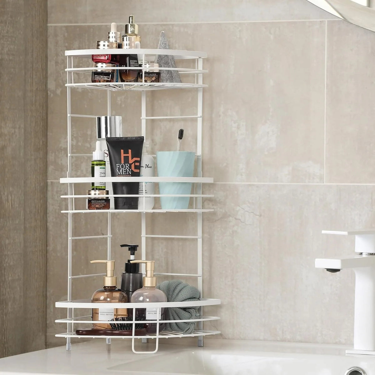 3-Tier Metal Corner Shelf for Bathroom Kitchen Storage (White)
