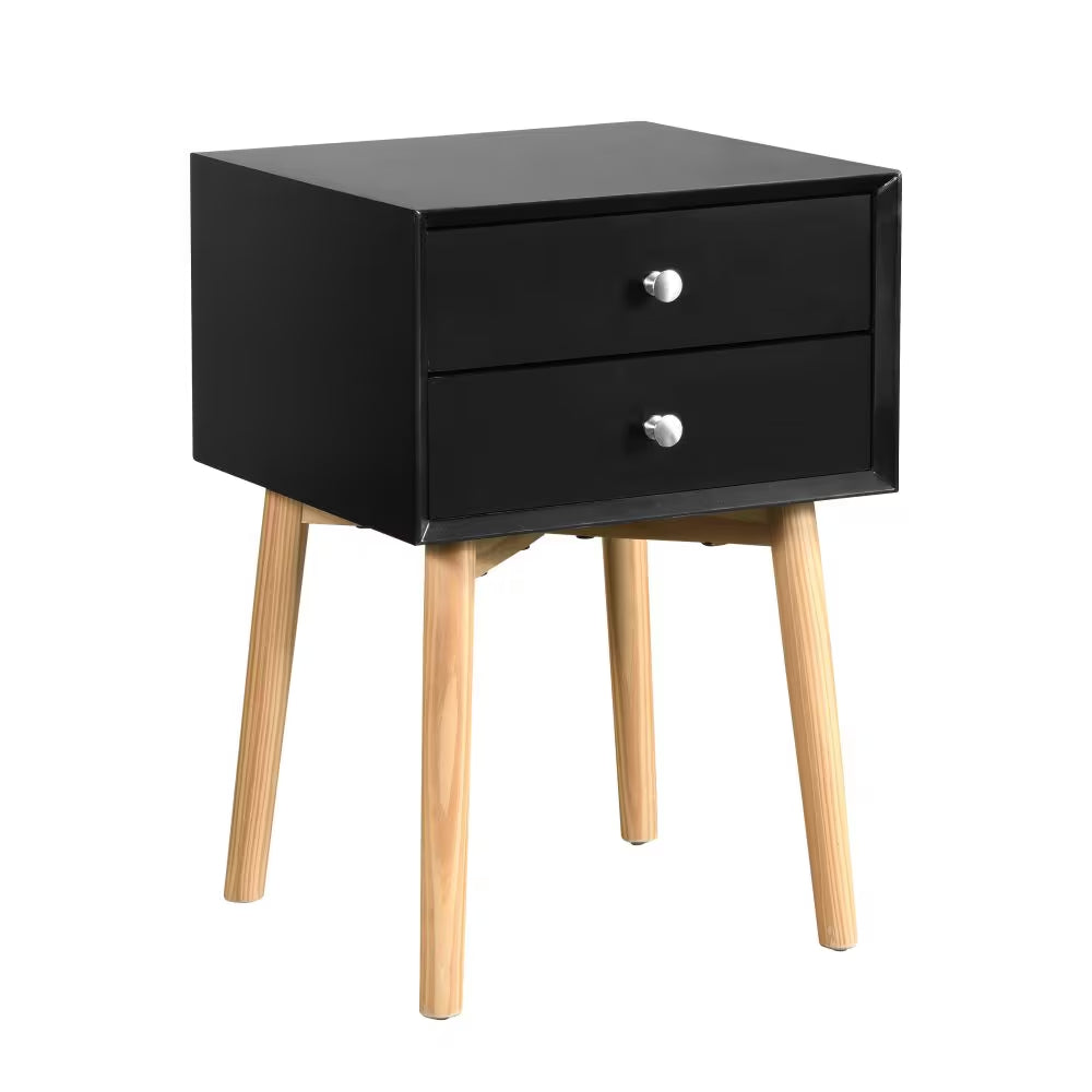 Wooden Bedside Table with 2 Drawer Storage Rubber Wood Legs