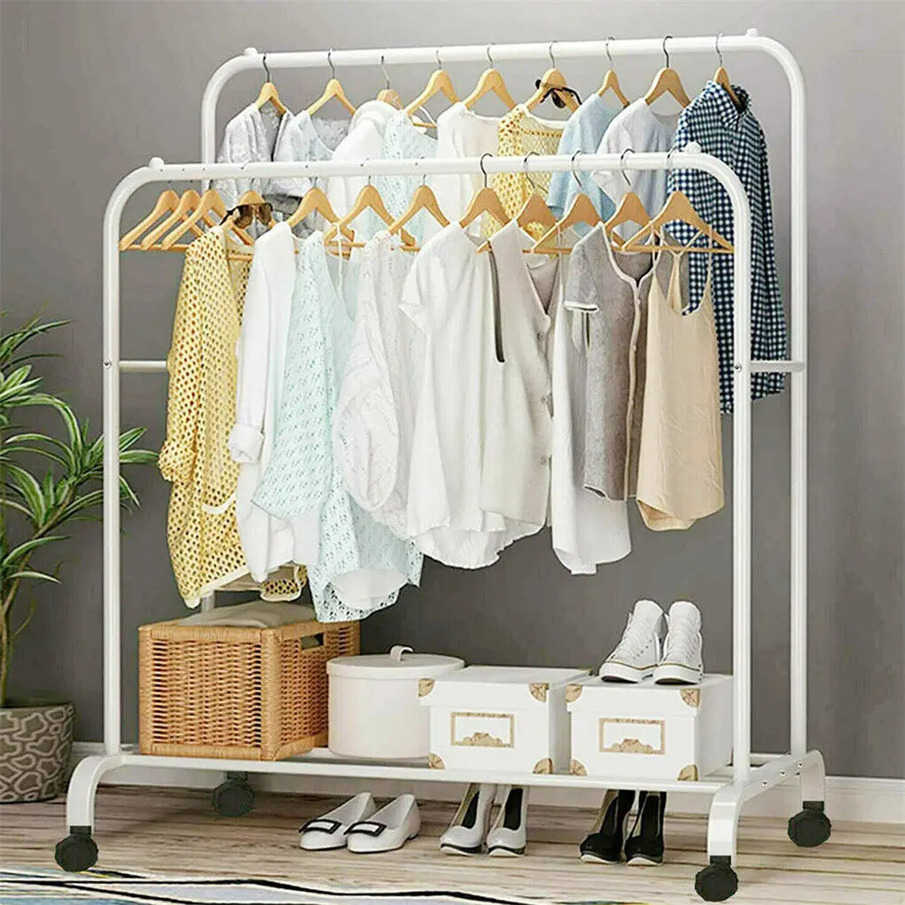Rolling Clothes Rack Heavy Duty Metal 360° Wheels Coat Hanger Stand (White)