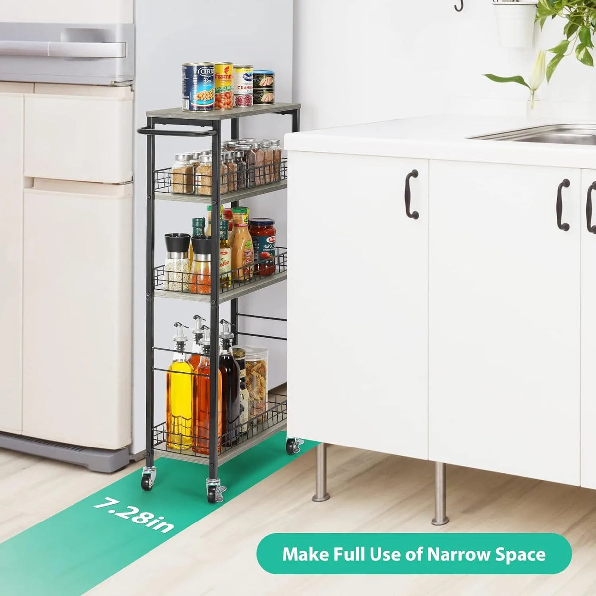 Slim 4-Tier Storage Cart with Wooden Top (Gray)