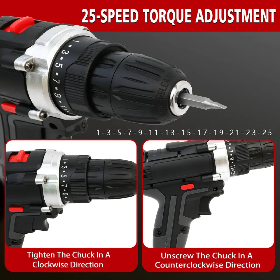 Heavy Duty 21V Electric Drill Driver Dual Battery Wireless Power Tool