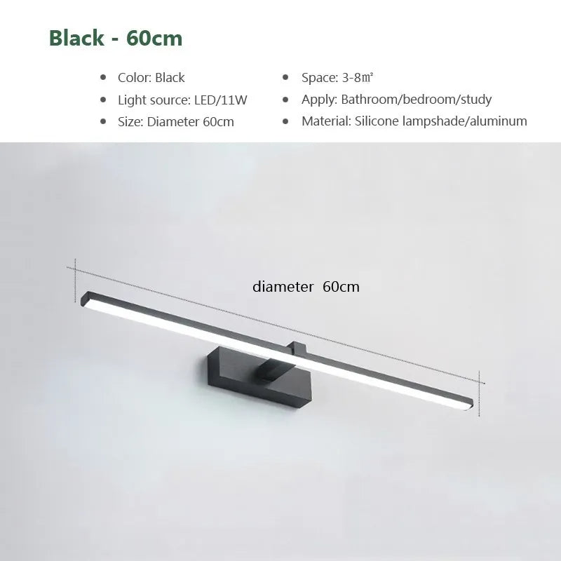 LED Wall Lamp Mirror Decor Lighting 60cm Long Strip Light, Natural White (Black)