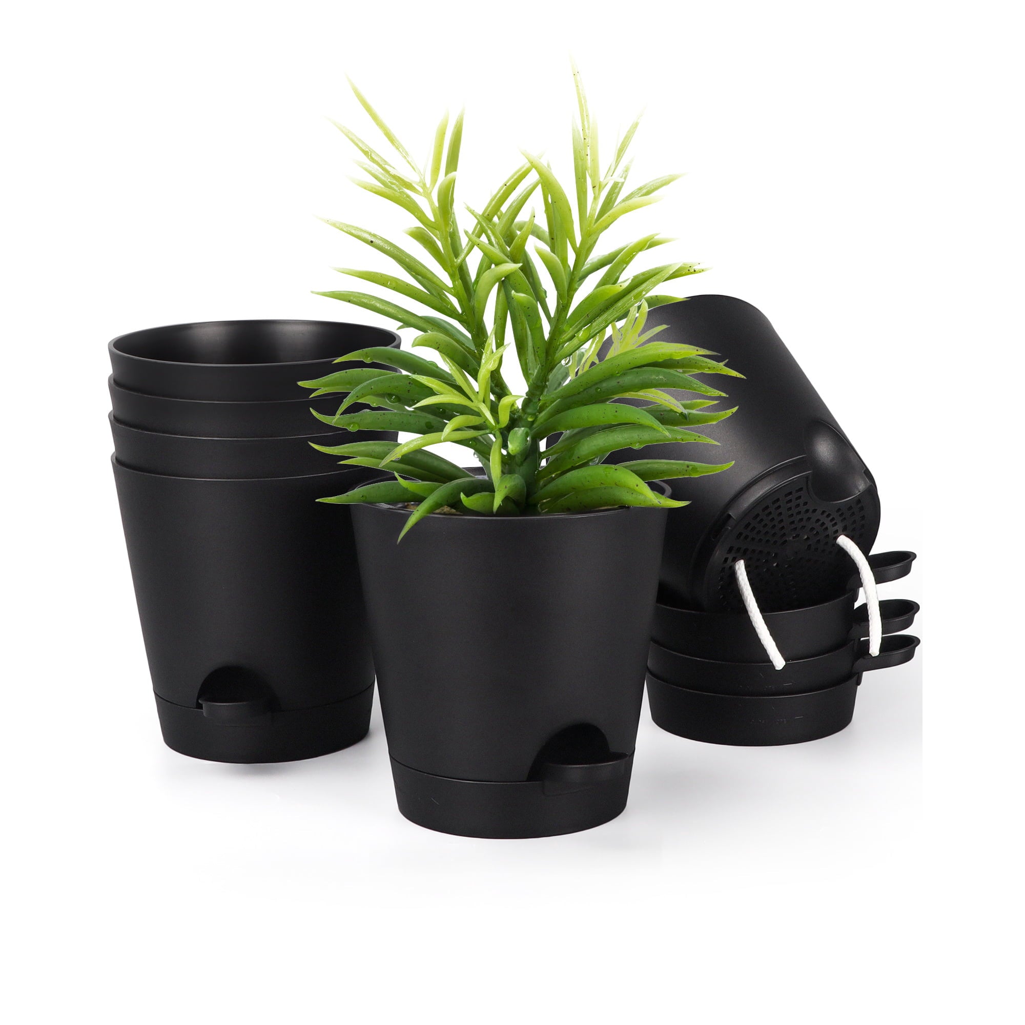 Plastic Plant Pot 6" Set of 6 with Drain Holes and Removable Base