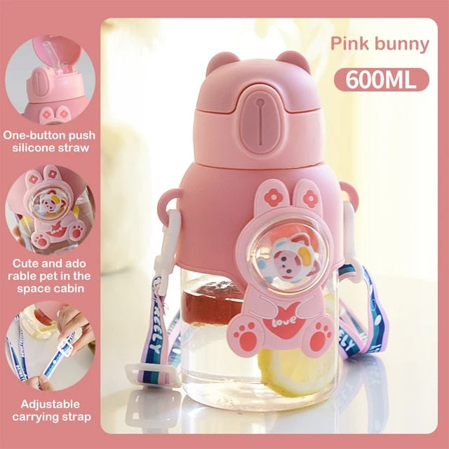 Tumbler Kids Straw 600ML Fall-proof Straw Cup Boys and Girls Go to School Baby Kettle, Pink