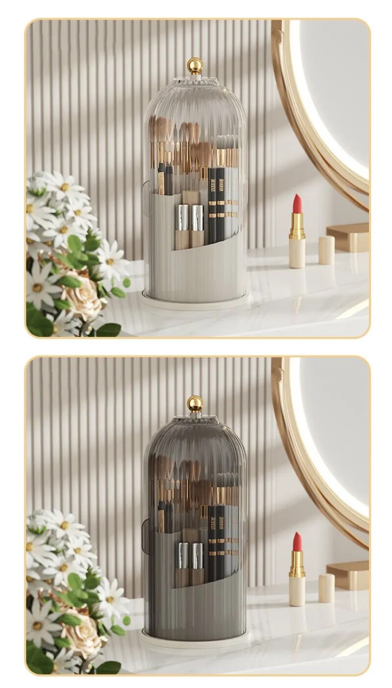 Rotating Birdcage Pen Holder Multi-Compartment Desk Organizer & Makeup Box (Transparent White)