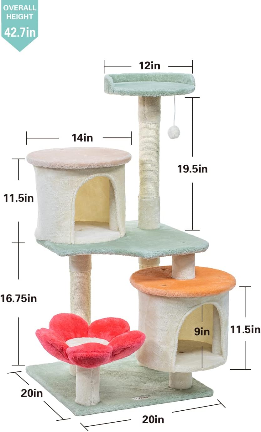 Plush  Flower Cat Tree Tower 42.7" Cat Tree with Scratch Posts Toy Ball Pet House Play (Medium 42.7" H)