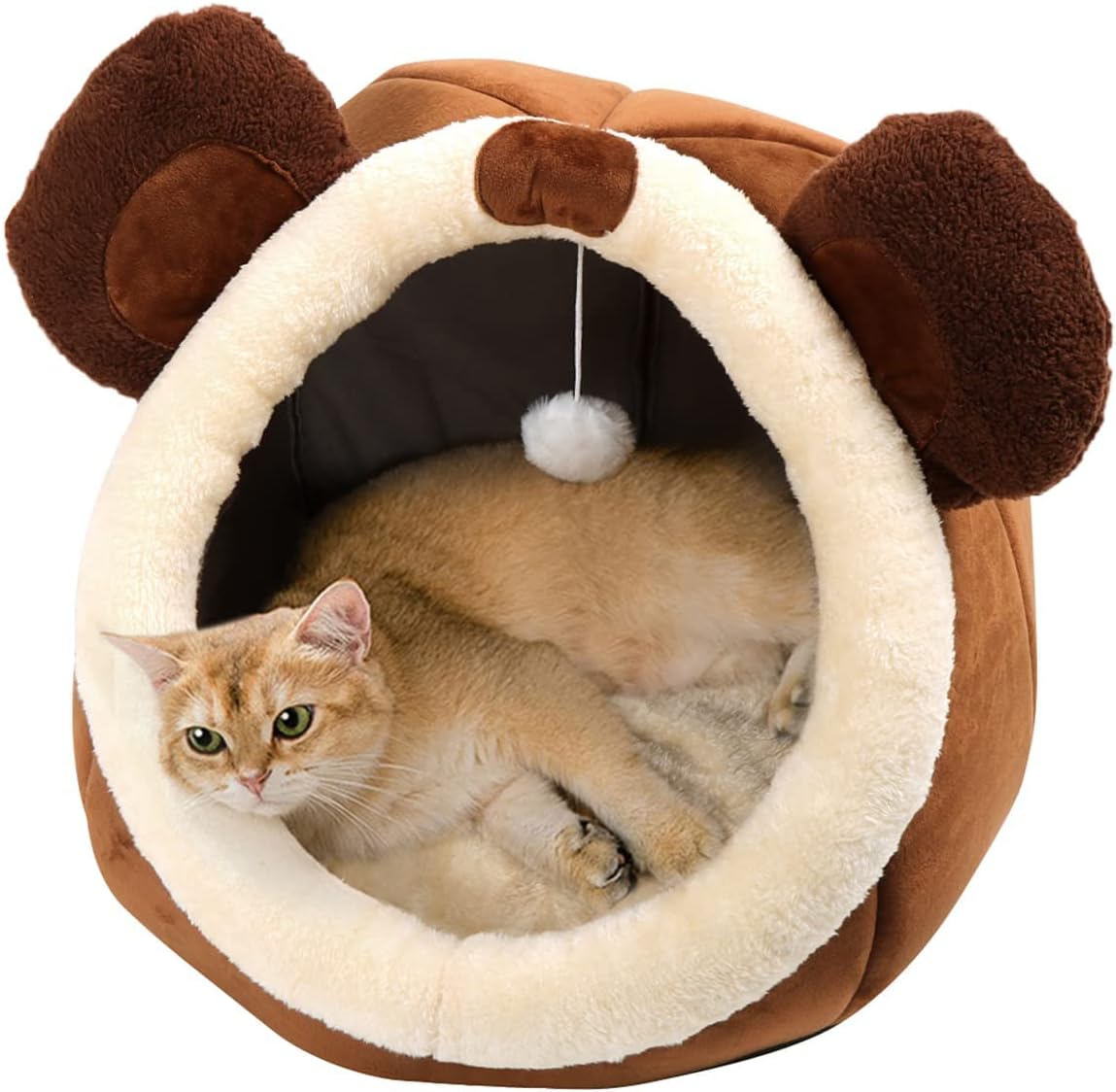 Cat Bed Cave with Removable Washable Cushioned Pillow, Small, Brown Bear