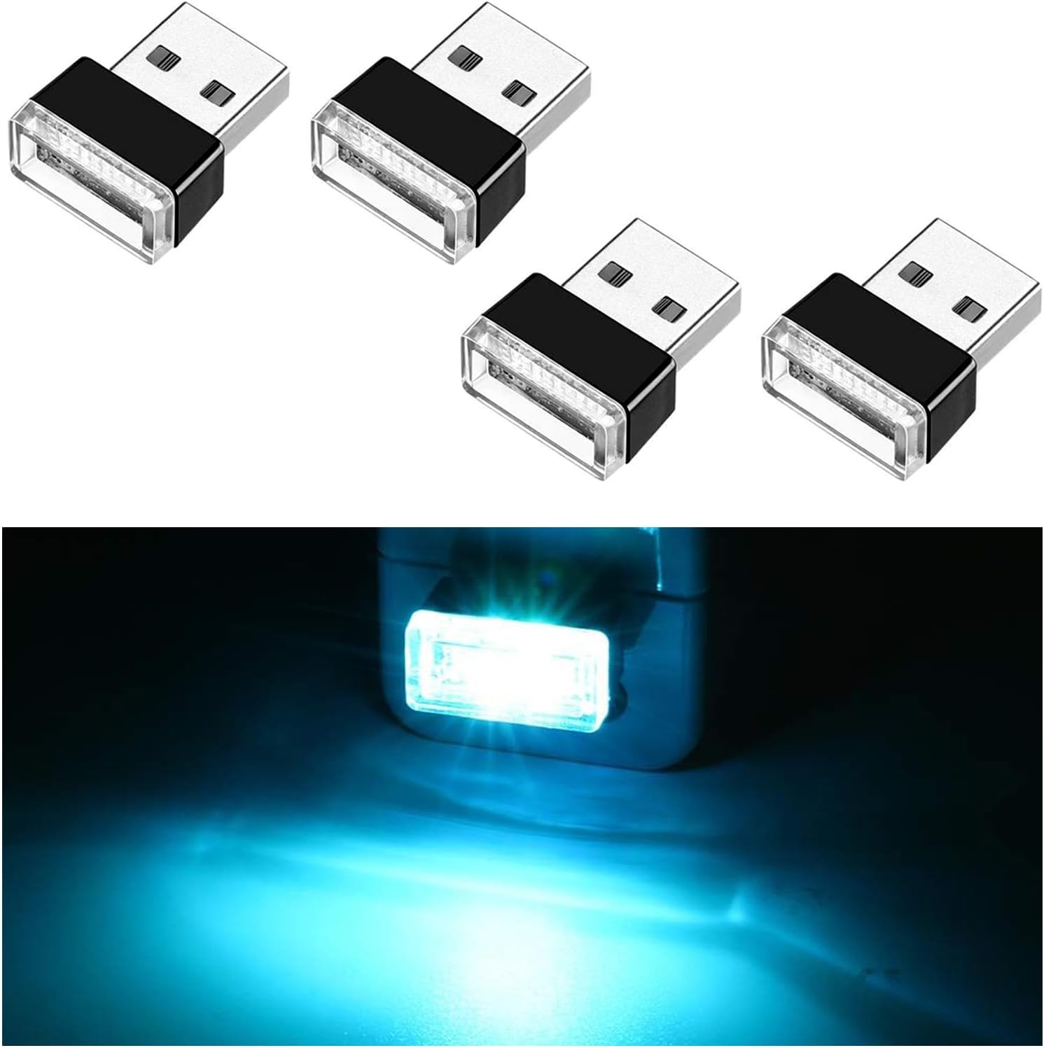 Portable Mini LED Night Light, 4 Pack USB LED Car Interior Atmosphere Lamp, Ice Blue