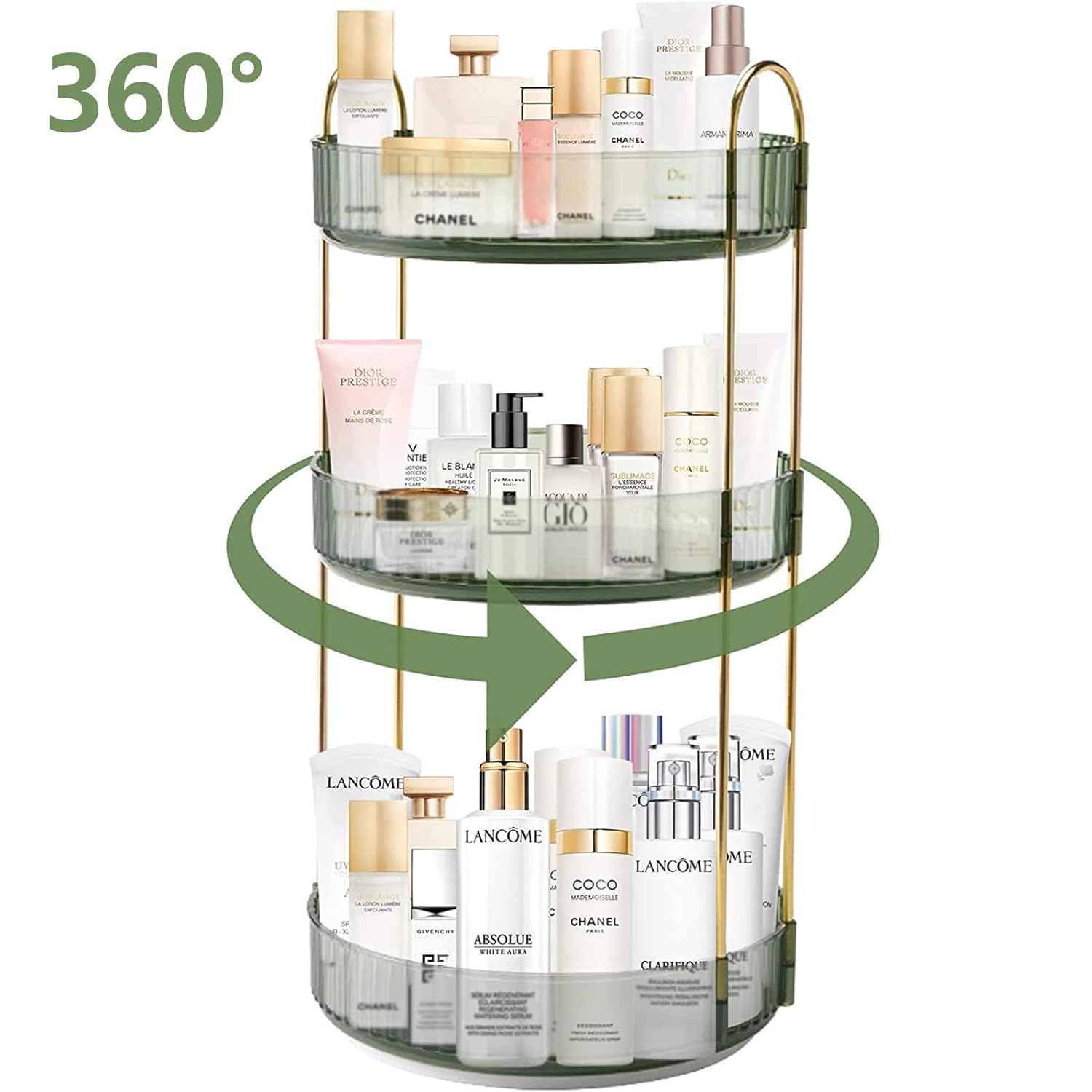 3 Tier Rotating Makeup Organizer Skincare Clear Make Up Storage Perfume Organizers, Green